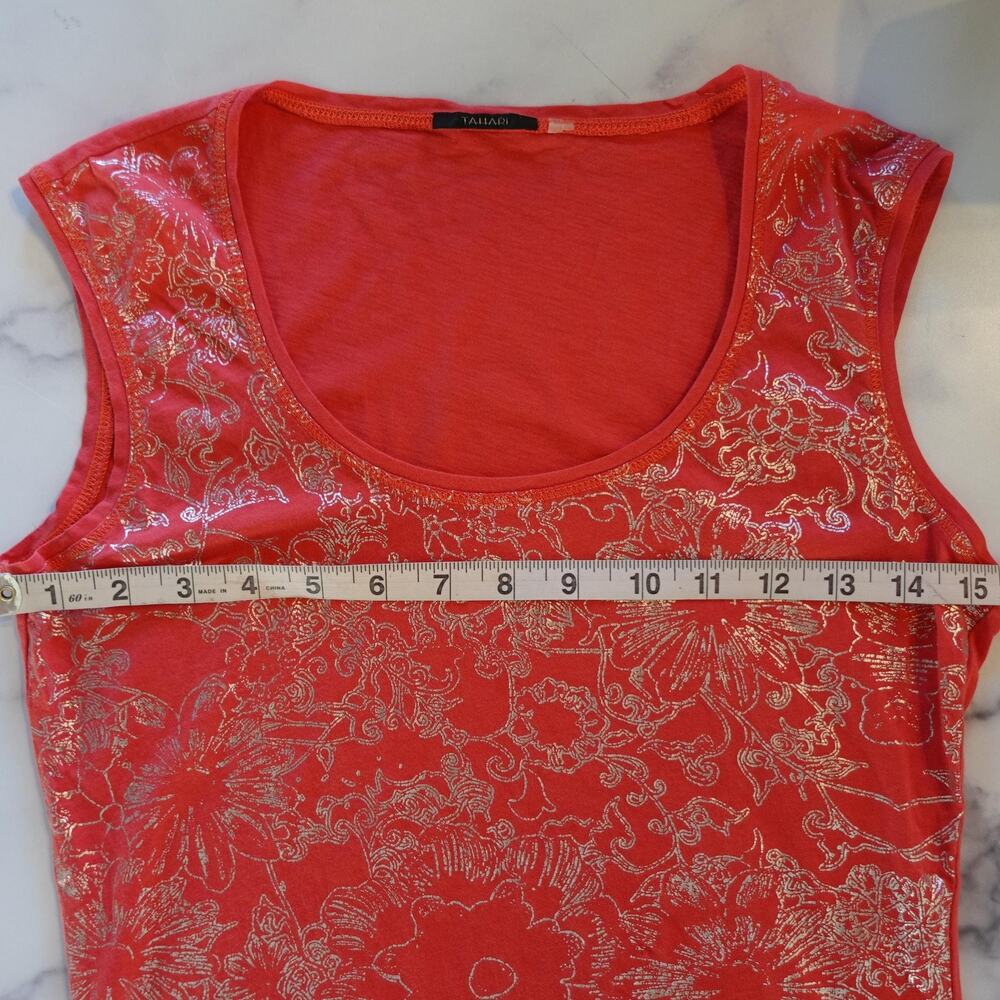 Vintage Y2K Tahari Tank Top Small Coral Metallic Foil Pima Fairy‎ Babydoll Tee - Picture 4 of 8